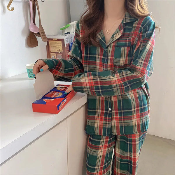 Green Christmas Pajamas Couple Pajama Set Simple Plaid Sleepwear Cotton Autumn Winter Women Pyjamas Suit Long Sleeve Loungewear
