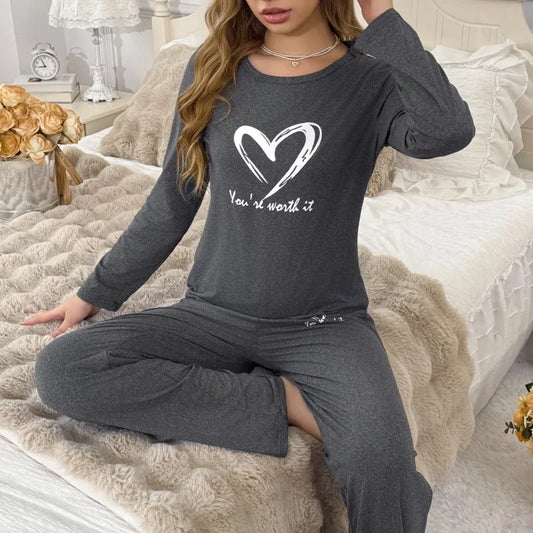 Women'S Pajamas Set Gray Long Sleeve Top and Pants Sleepwear 2 Piece Set for Women Heart Print Casual Soft Homewear Autumn