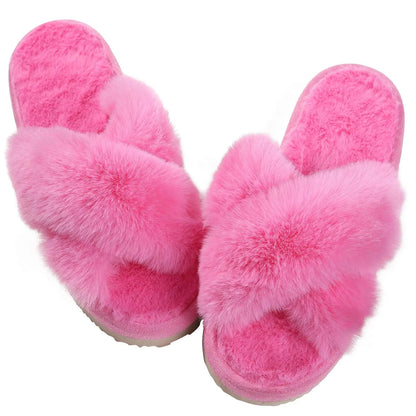Fashion Furry House Slippers Women Fluffy Fur Flip Flops Bedroom Fuzzy Flats Slippers Thick Sole Cross Band Indoor Shoes