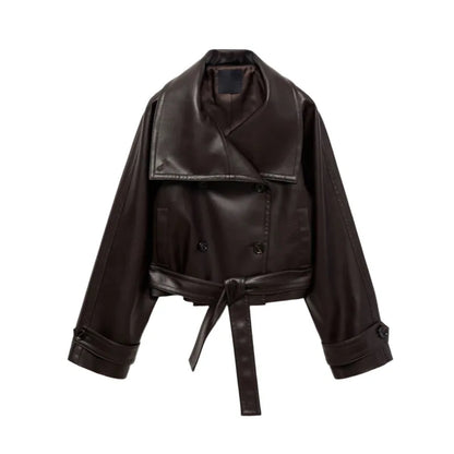 Street Women'S Cropped Leather Jackets with Belt Lapel Double Breasted Pockets Long Sleeve Coat 2025 Autumn Lady Vintage Outwear