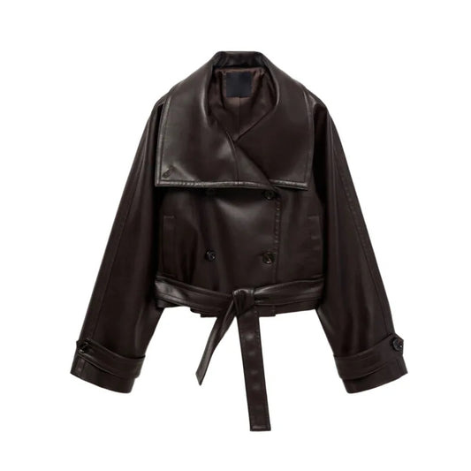 Street Women'S Cropped Leather Jackets with Belt Lapel Double Breasted Pockets Long Sleeve Coat 2025 Autumn Lady Vintage Outwear