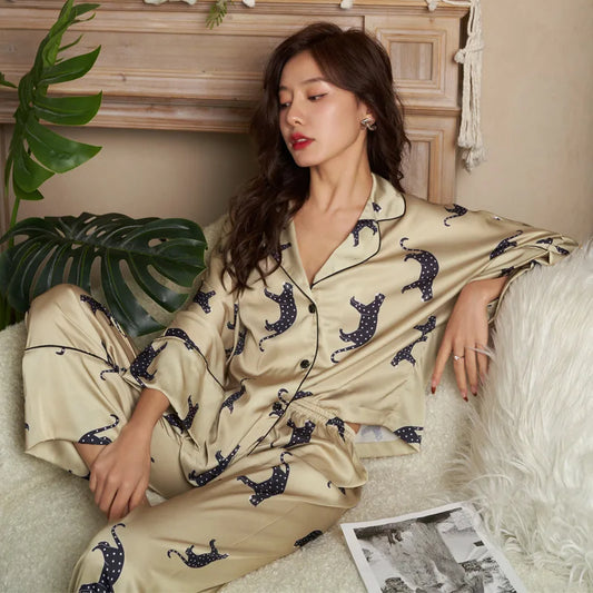 2023 Women'S Pajamas Two Piece Set Summer High Quality Ice Silk Pajamas Simple Fashion Long Sleeve Pants Home Suit Casual Set
