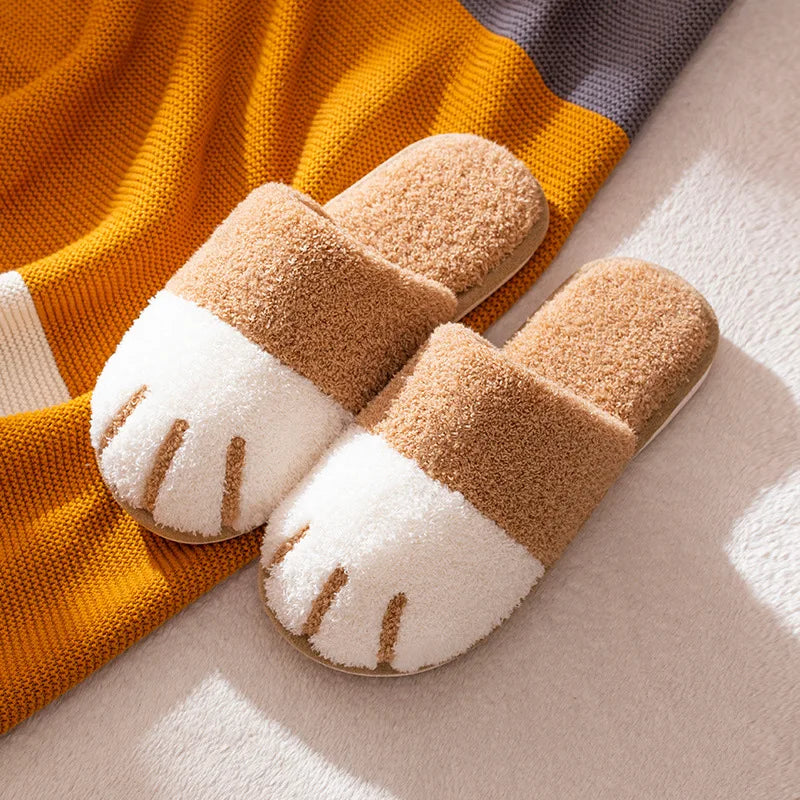 Winter Warm Plush Slippers Cute Cat Paw Designer House Women Fur Slippers Floor Mute Bedroom Lovers Indoor Fluffy Shoes