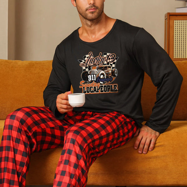 Two Piece Sets Men'S Pajamas Autumn and Winter Long Sleeved Pants Car Letters Sleepwear Set