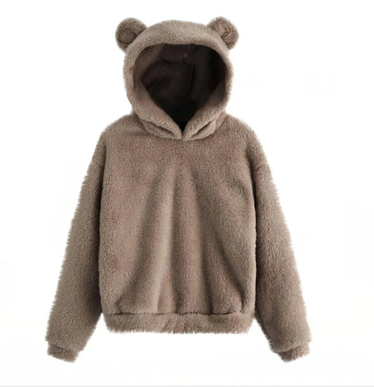 Autumn Winter Women'S Cute Plush Hoodies Long Sleeve Bear Ear Fluffy Warm Hoodie Pullover Casual Solid Tops Y2K Hooded