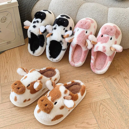 Chaussons en fausse fourrure peluche à relief motif vache, doux et chauds, hiver