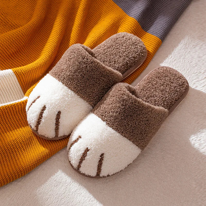 Winter Warm Plush Slippers Cute Cat Paw Designer House Women Fur Slippers Floor Mute Bedroom Lovers Indoor Fluffy Shoes