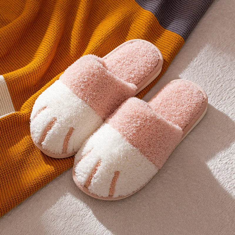 Winter Warm Plush Slippers Cute Cat Paw Designer House Women Fur Slippers Floor Mute Bedroom Lovers Indoor Fluffy Shoes