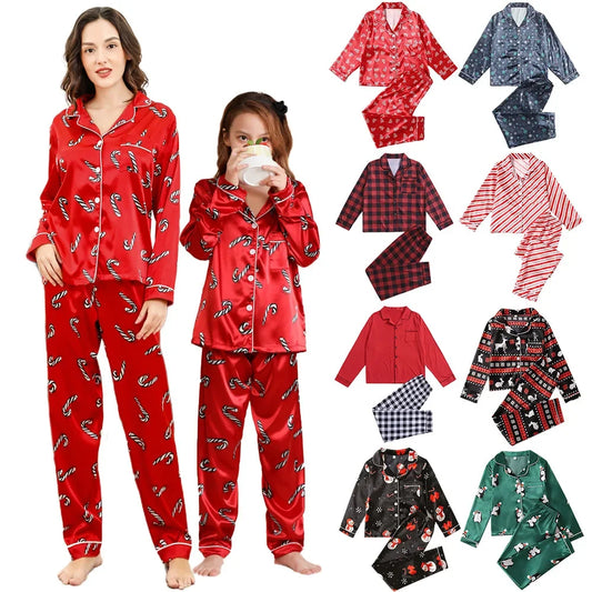 European and American New Year Parent Child Sleepwear Set Realistic Silk Christmas New Style Home Clothes 2-Piece Winter Set
