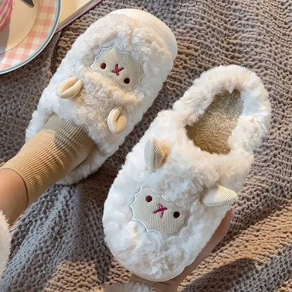 Women Lovely Sheep Fluffy Slippers Men Fashion Animals Non-Slip Plush Slides Lovers Soft Warm Cartoon House Shoes for Winter