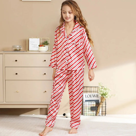 European and American New Year Parent Child Sleepwear Set Realistic Silk Christmas New Style Home Clothes 2-Piece Winter Set