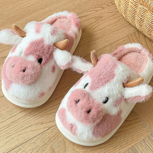 Chaussons en fausse fourrure peluche à relief motif vache, doux et chauds, hiver