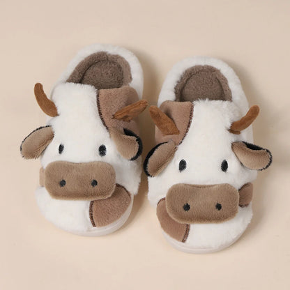 Chaussons en fausse fourrure peluche à relief motif vache, doux et chauds, hiver