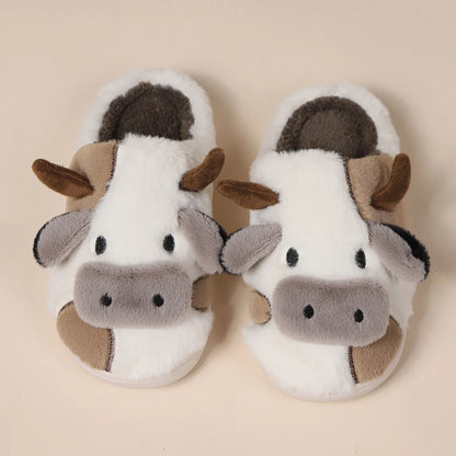 Chaussons en fausse fourrure peluche à relief motif vache, doux et chauds, hiver