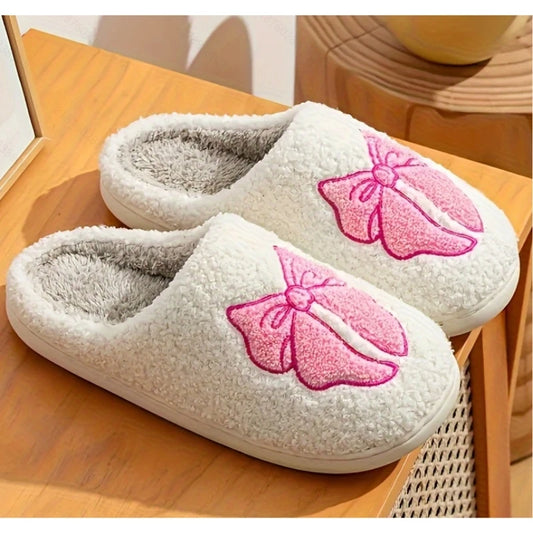 Women'S Lovely Pretty Bow Flowers Slippers Men Cartoon Soft Warm Sandals Females Cute Plush Cotton Flat Slides for Autumn Winter