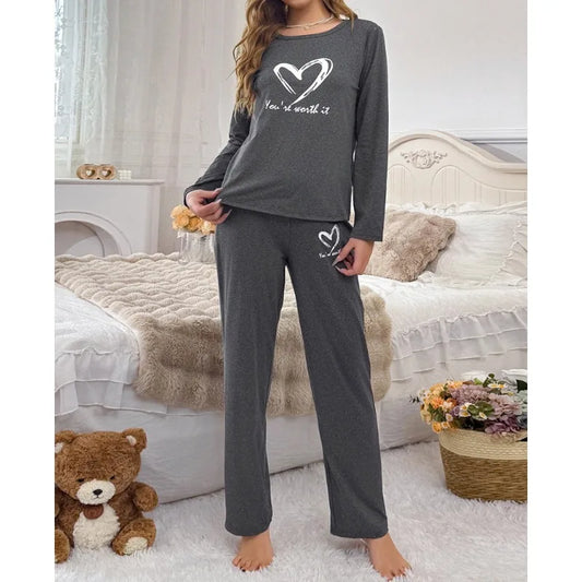 Women'S Pajamas Set Gray Long Sleeve Top and Pants Sleepwear 2 Piece Set for Women Heart Print Casual Soft Homewear Autumn