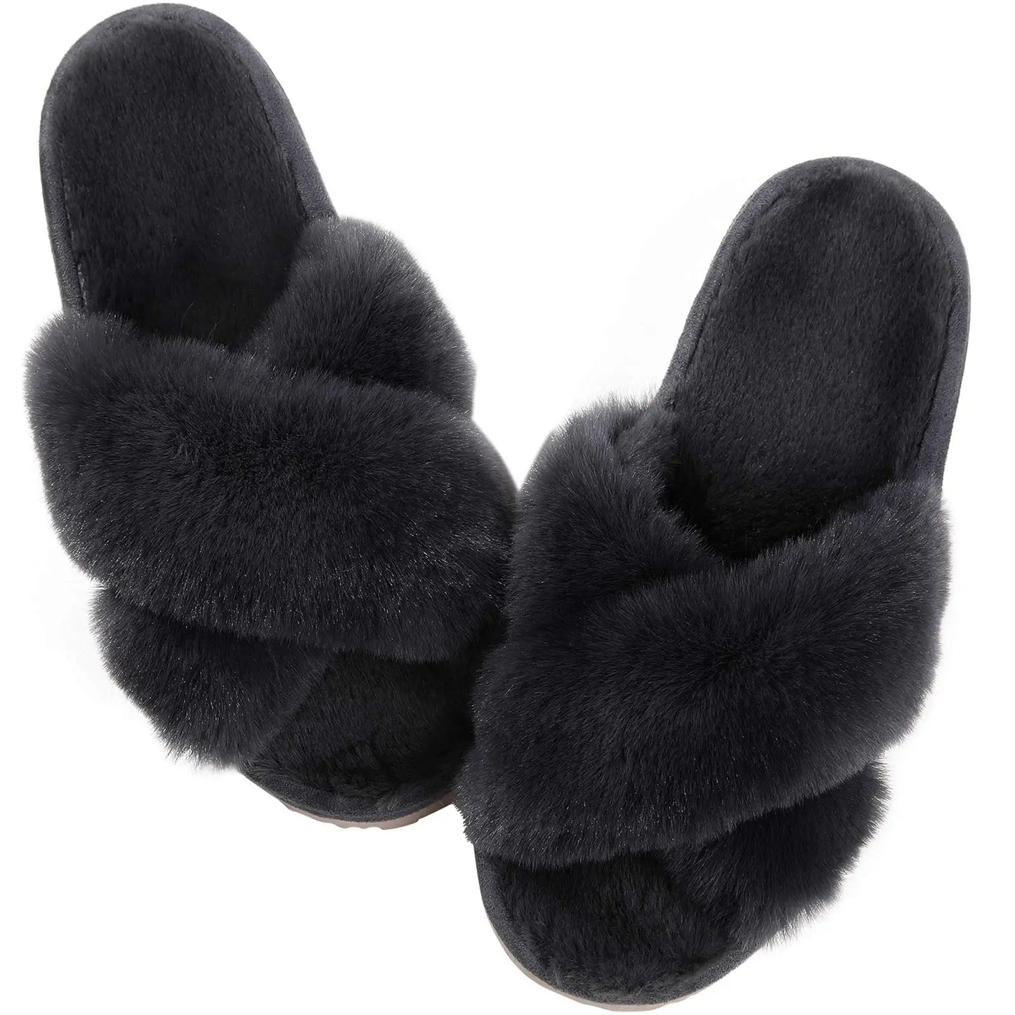 Fashion Furry House Slippers Women Fluffy Fur Flip Flops Bedroom Fuzzy Flats Slippers Thick Sole Cross Band Indoor Shoes