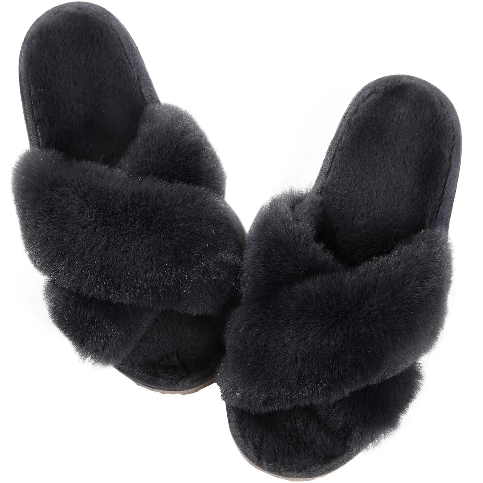 Fashion Furry House Slippers Women Fluffy Fur Flip Flops Bedroom Fuzzy Flats Slippers Thick Sole Cross Band Indoor Shoes