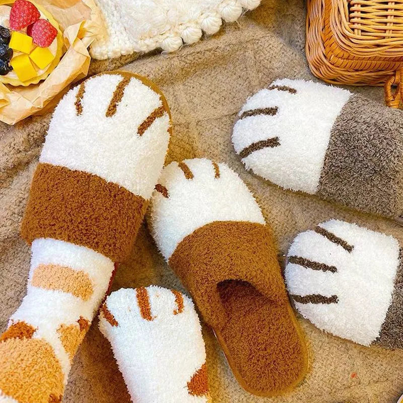 Winter Warm Plush Slippers Cute Cat Paw Designer House Women Fur Slippers Floor Mute Bedroom Lovers Indoor Fluffy Shoes