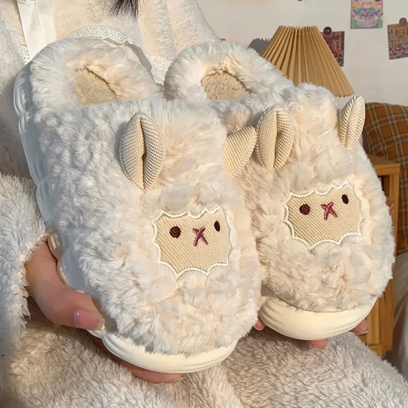 Women Lovely Sheep Fluffy Slippers Men Fashion Animals Non-Slip Plush Slides Lovers Soft Warm Cartoon House Shoes for Winter