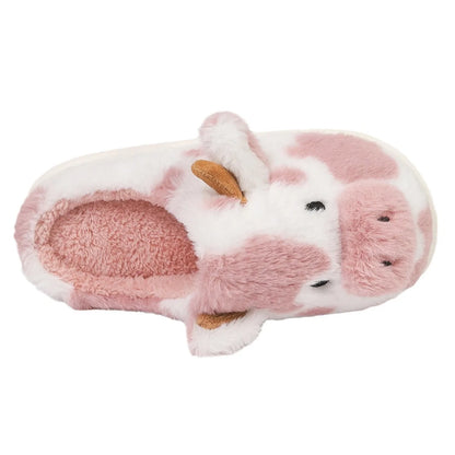 Chaussons en fausse fourrure peluche à relief motif vache, doux et chauds, hiver