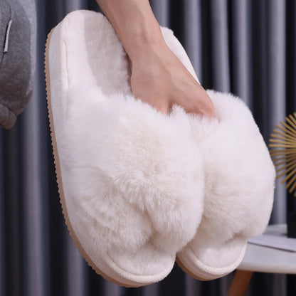 Fashion Furry House Slippers Women Fluffy Fur Flip Flops Bedroom Fuzzy Flats Slippers Thick Sole Cross Band Indoor Shoes