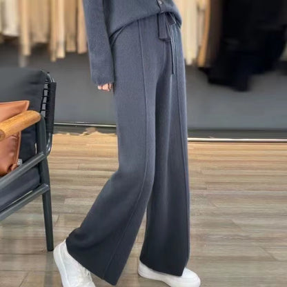Women Merino Wool Knitted Wide Leg Pants Autumn Winter Basic Soft Warm Cashmere Knit Trousers Casual Simple Style Korean