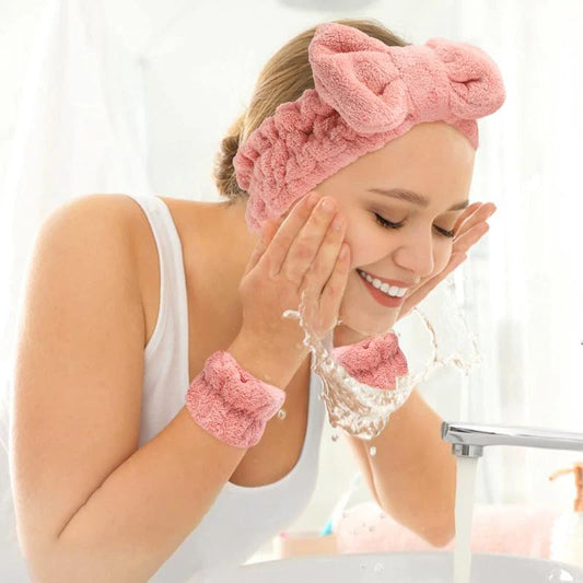 Bandeau spa rose avec bracelets anti-eau accessoires skincare visage