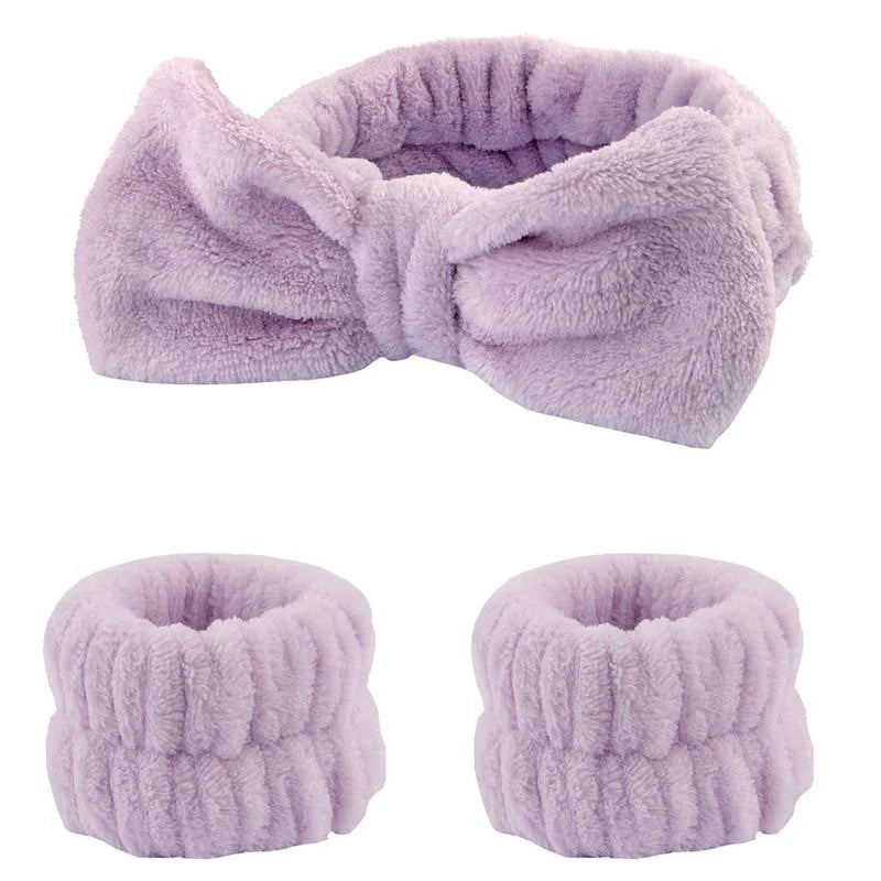 Bandeau spa violet avec bracelets anti-eau skincare