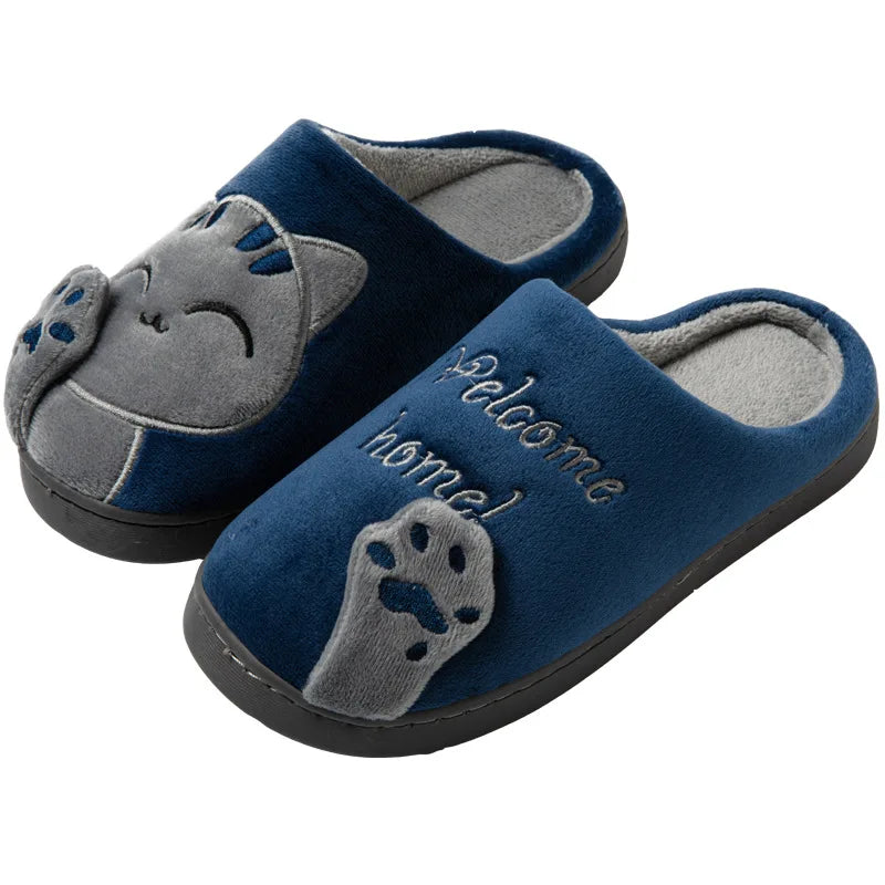 Chaussons femme hiver en fausse fourrure motif chat bleu ultra doux et chauds