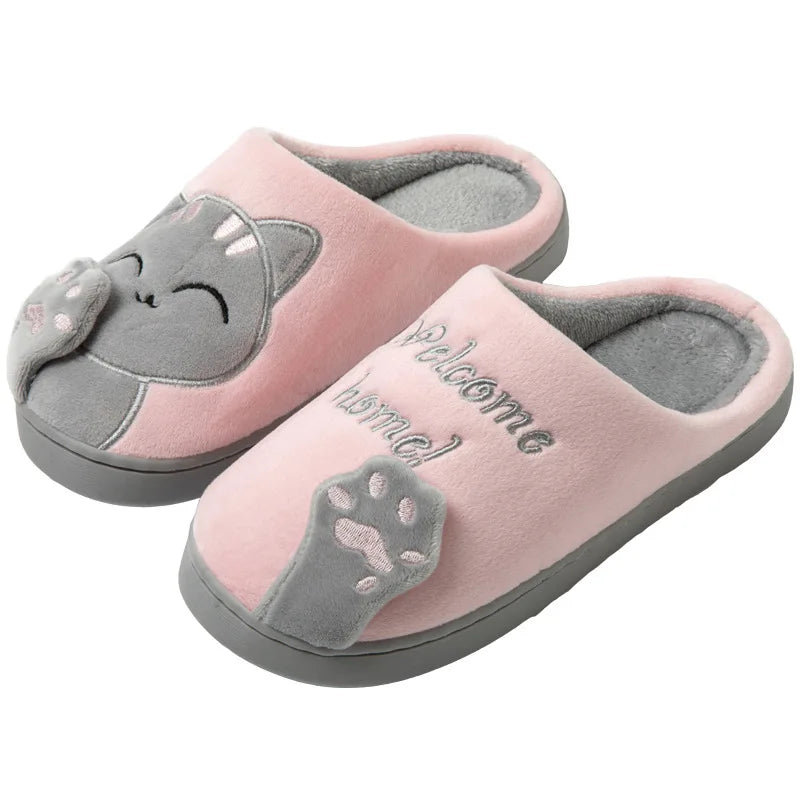 Chaussons femme hiver en fausse fourrure motif chat gris ultra doux et chauds
