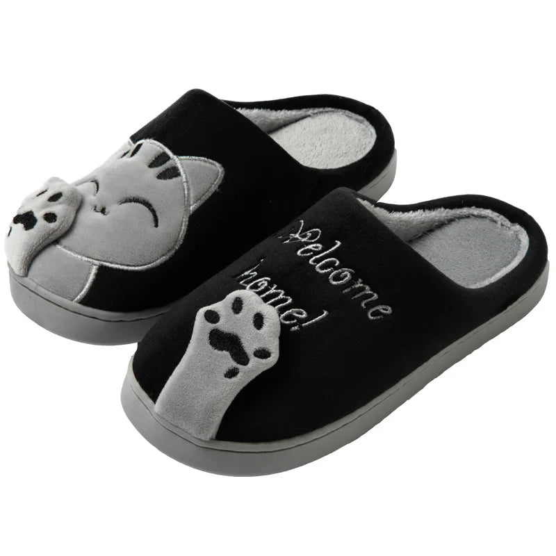 Chaussons femme hiver en fausse fourrure motif chat noir ultra doux et chauds