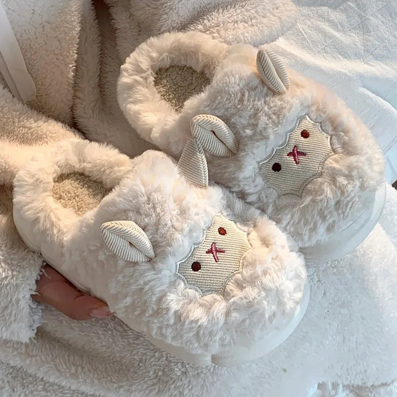 Chaussons femme hiver mouton en peluche blanc chaussons chauds antidérapants