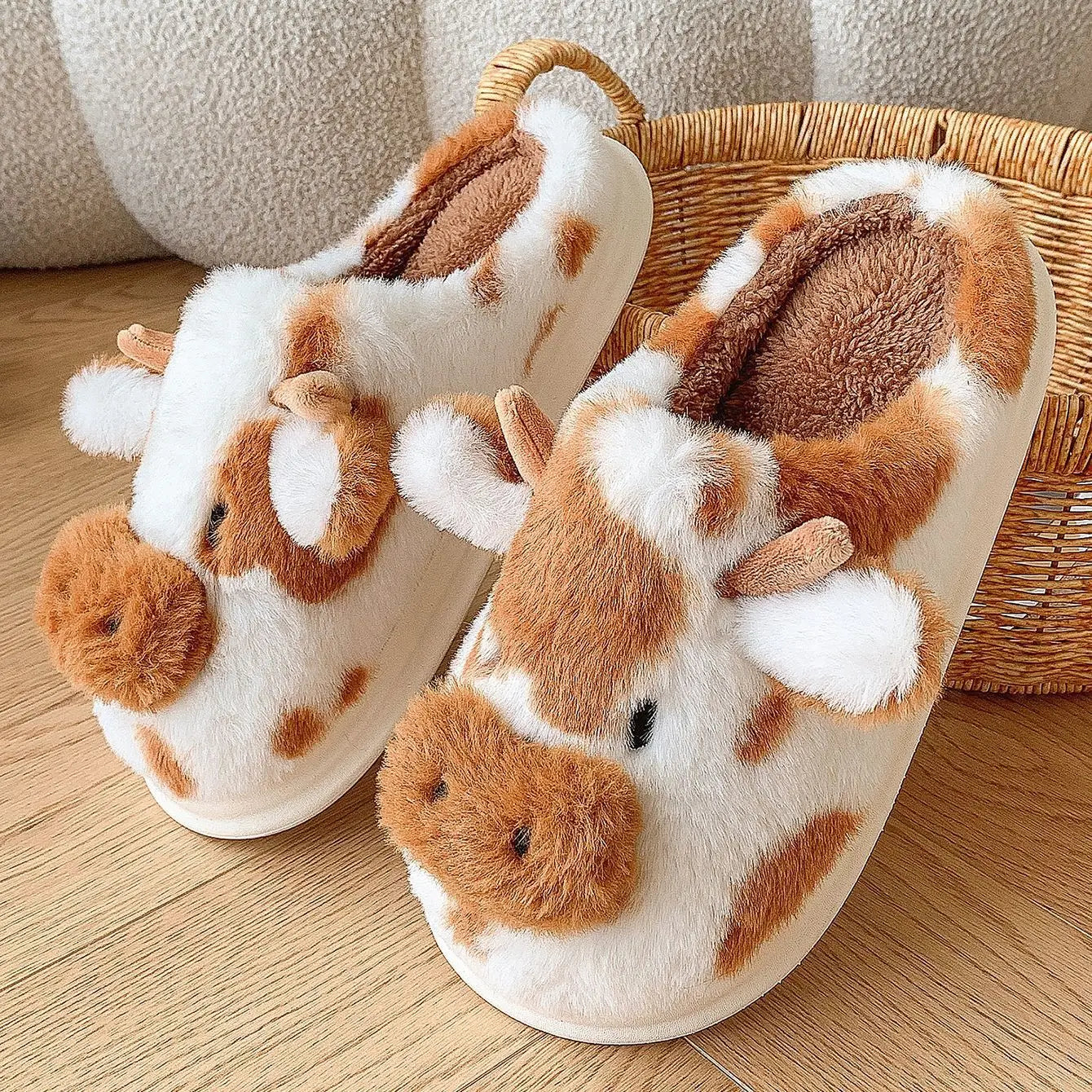 Chaussons femme motif vache café au lait peluche doux hiver