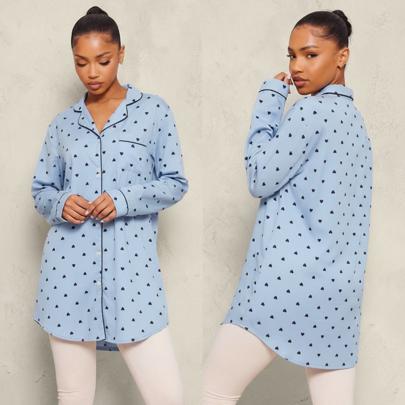 Chemise de nuit femme en flanelle de coton imprimé cœur bleu sur modèle hiver printemps 2026
