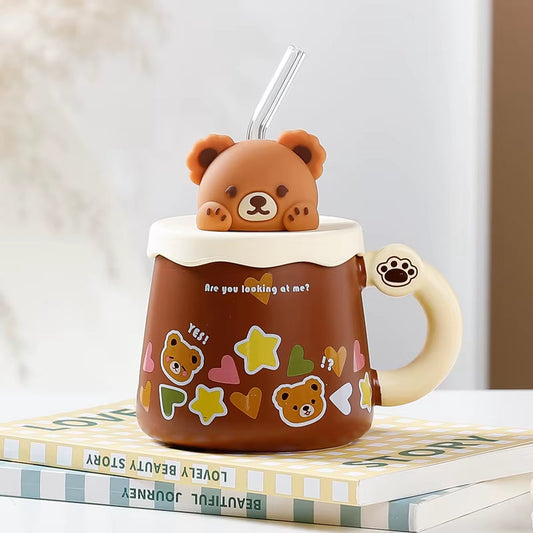 Mug ours en céramique avec couvercle et paille, grande capacité 360mL-420mL