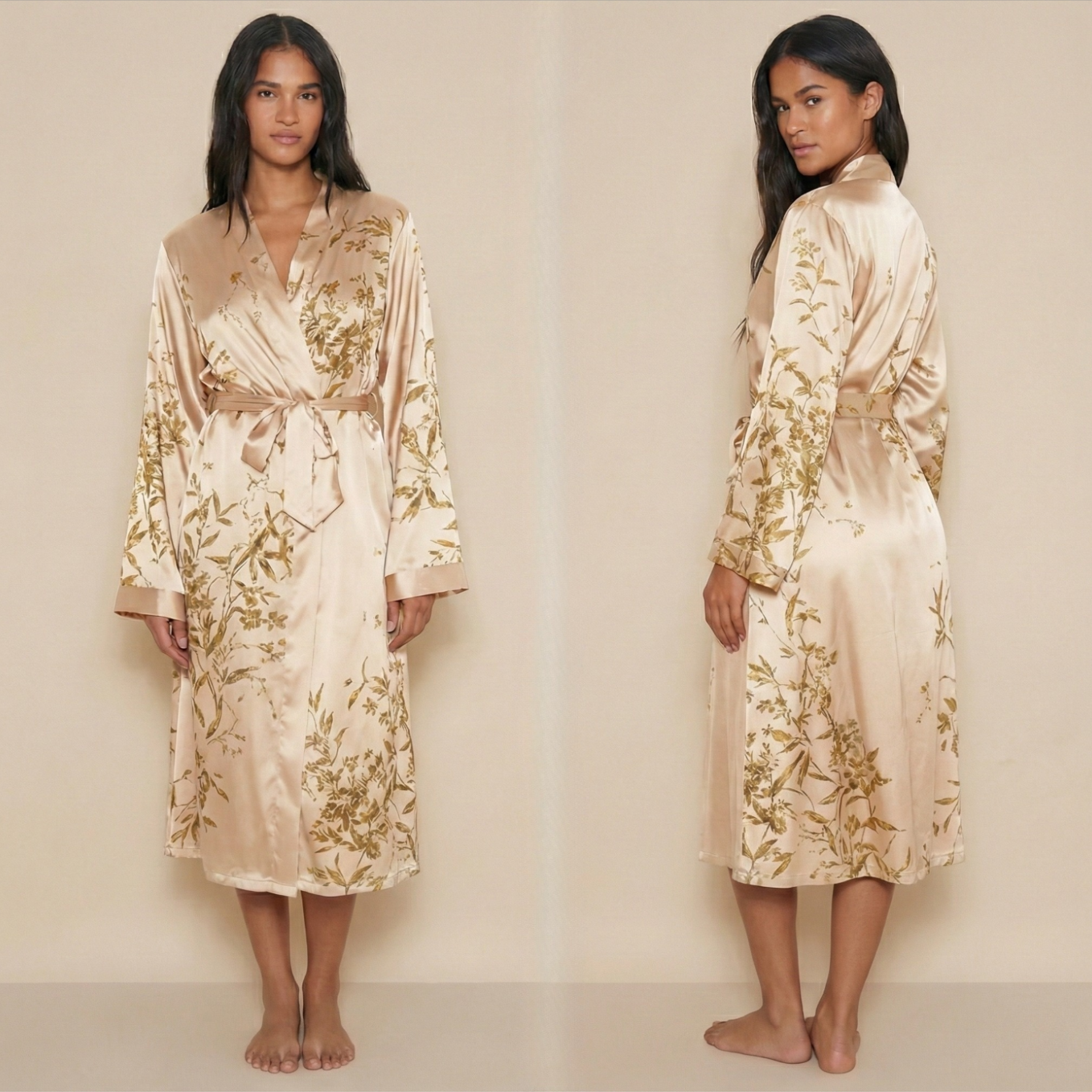 Déshabillé kimono satiné long imprimé floral beige sur modèle hiver printemps 2026