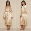 Déshabillé kimono satiné long imprimé floral beige sur modèle hiver printemps 2026