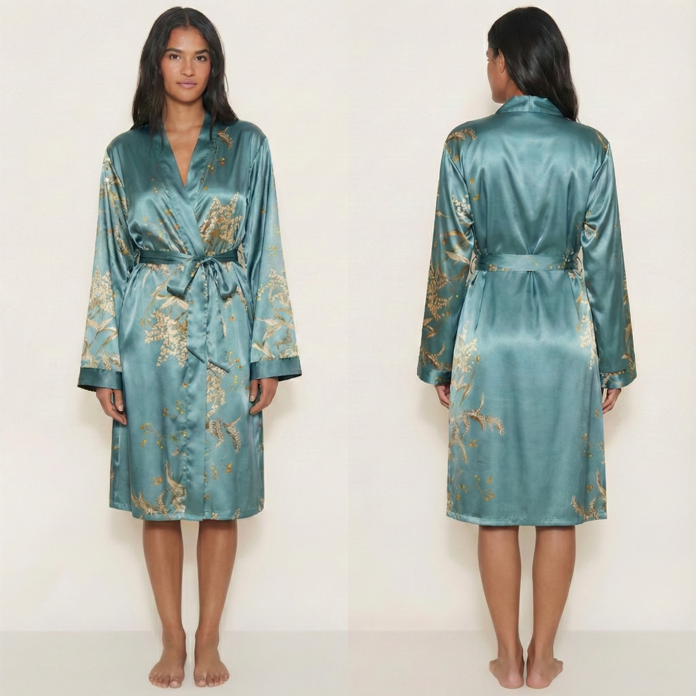 Déshabillé kimono satiné long imprimé floral bleu sur modèle hiver printemps 2026
