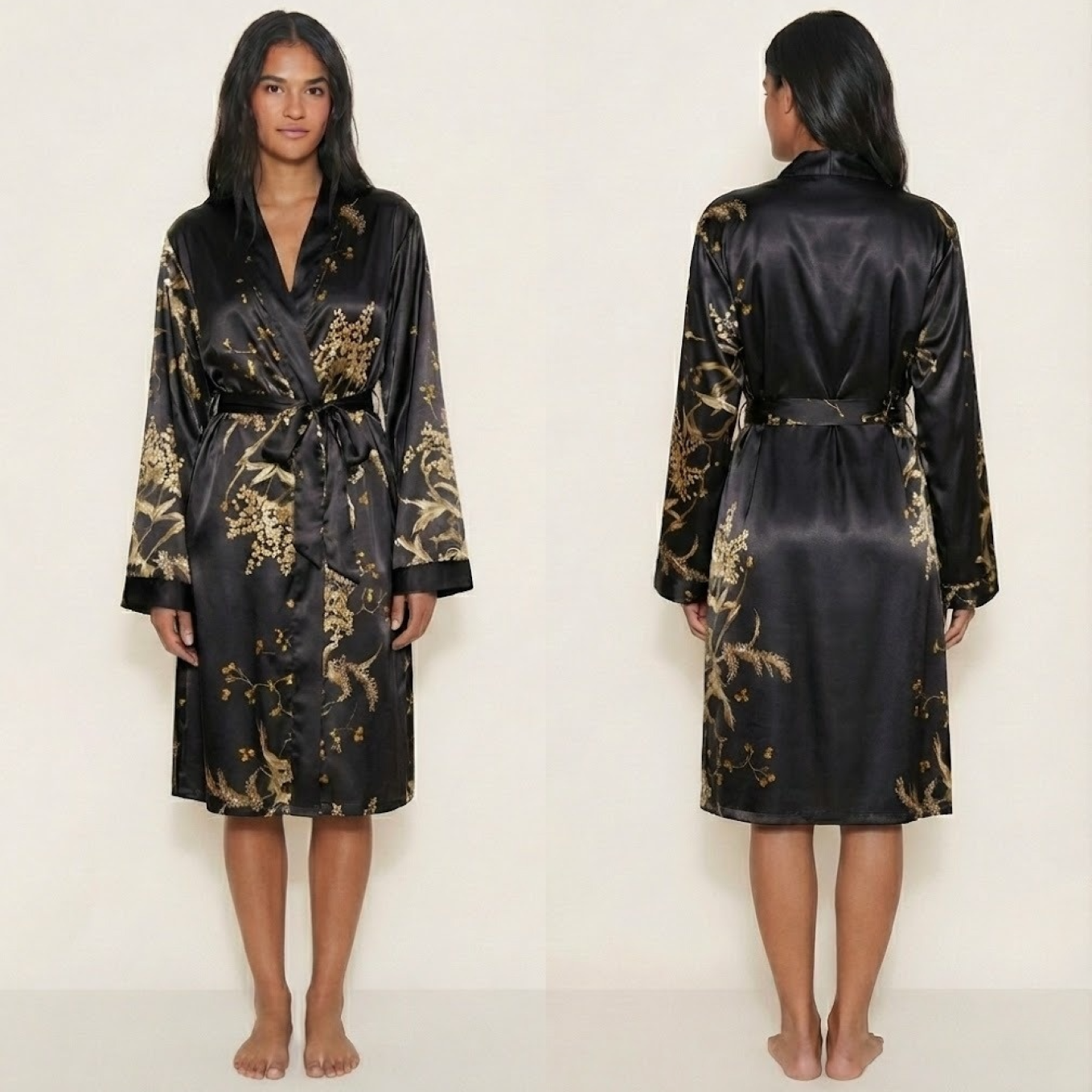 Déshabillé kimono satiné long à imprimé floral noir sur modèle hiver printemps 2026