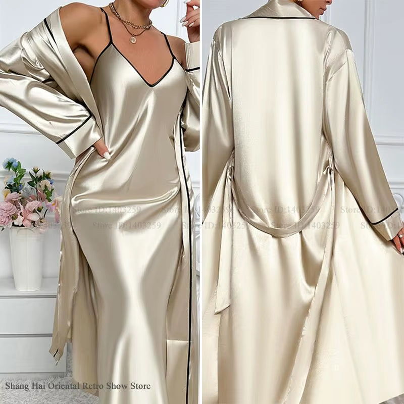 Sexy Long Twinset Robe Set Chemise Nightgown Women Nightwear Summer Silk Satin Home Dress Sleepwear Loose Lounge Wear Lingerie