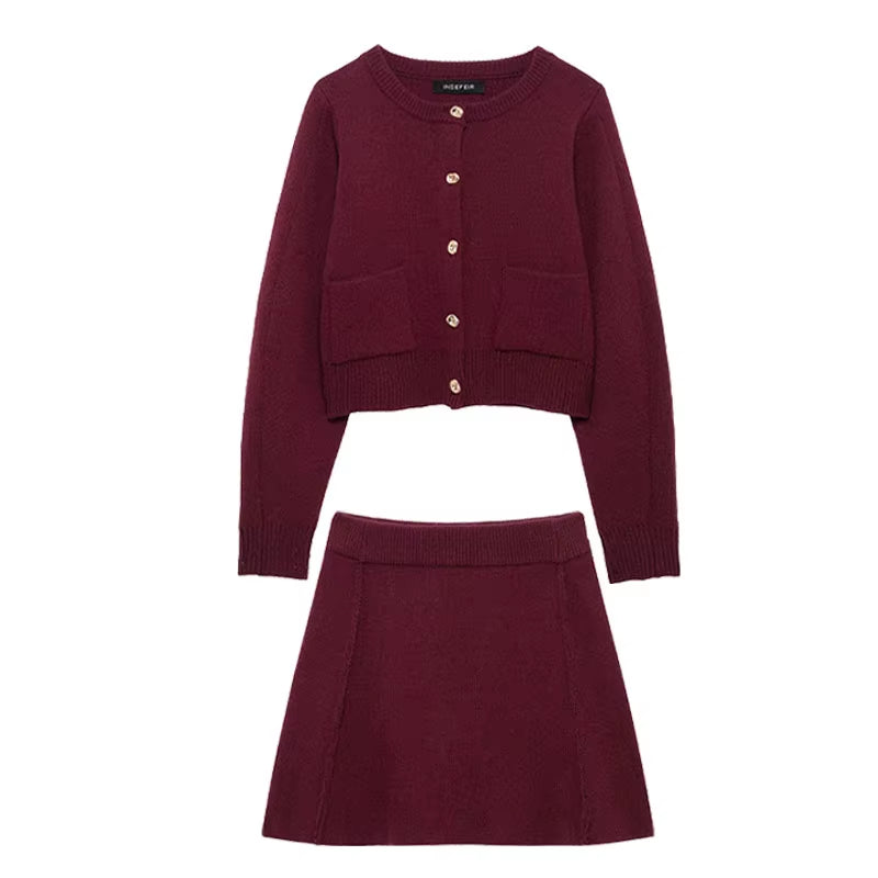 Women Skirt Suit Fashion O-Neck Knitted Long Sleeve Single Breasted Pocket Cardigan+Elastic Waist Slim Mini Skirt 3 Color