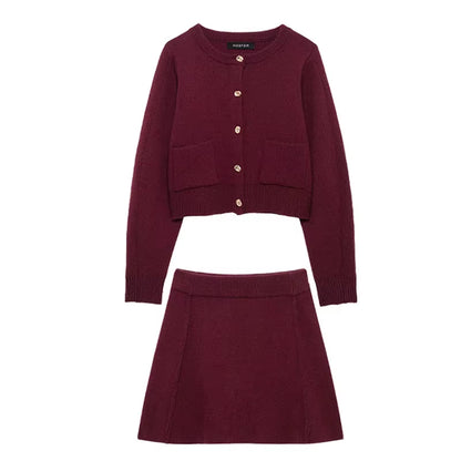 Women Skirt Suit Fashion O-Neck Knitted Long Sleeve Single Breasted Pocket Cardigan+Elastic Waist Slim Mini Skirt 3 Color