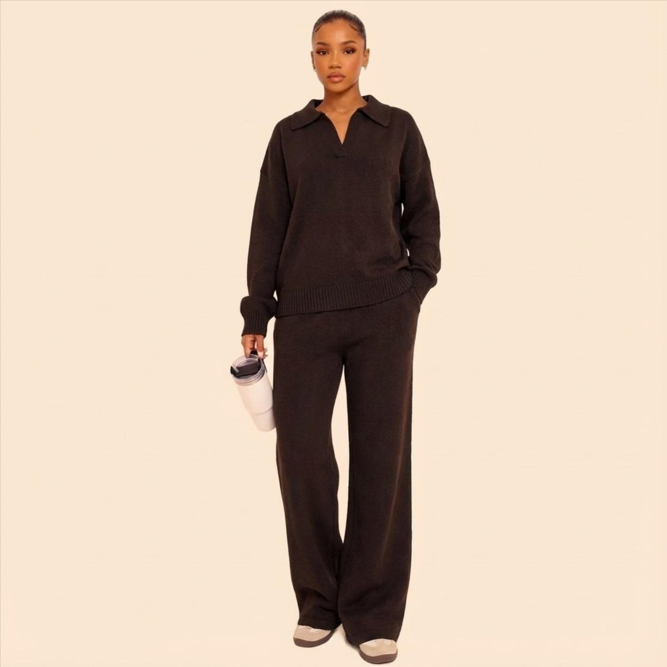 Ensemble femme maille col V marron haut tricoté et pantalon droit chic hiver printemps