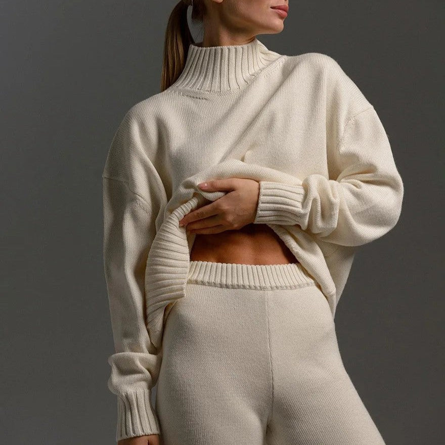 Ensemble loungewear femme maille – Pull col montant & pantalon ample cosy hiver & printemps