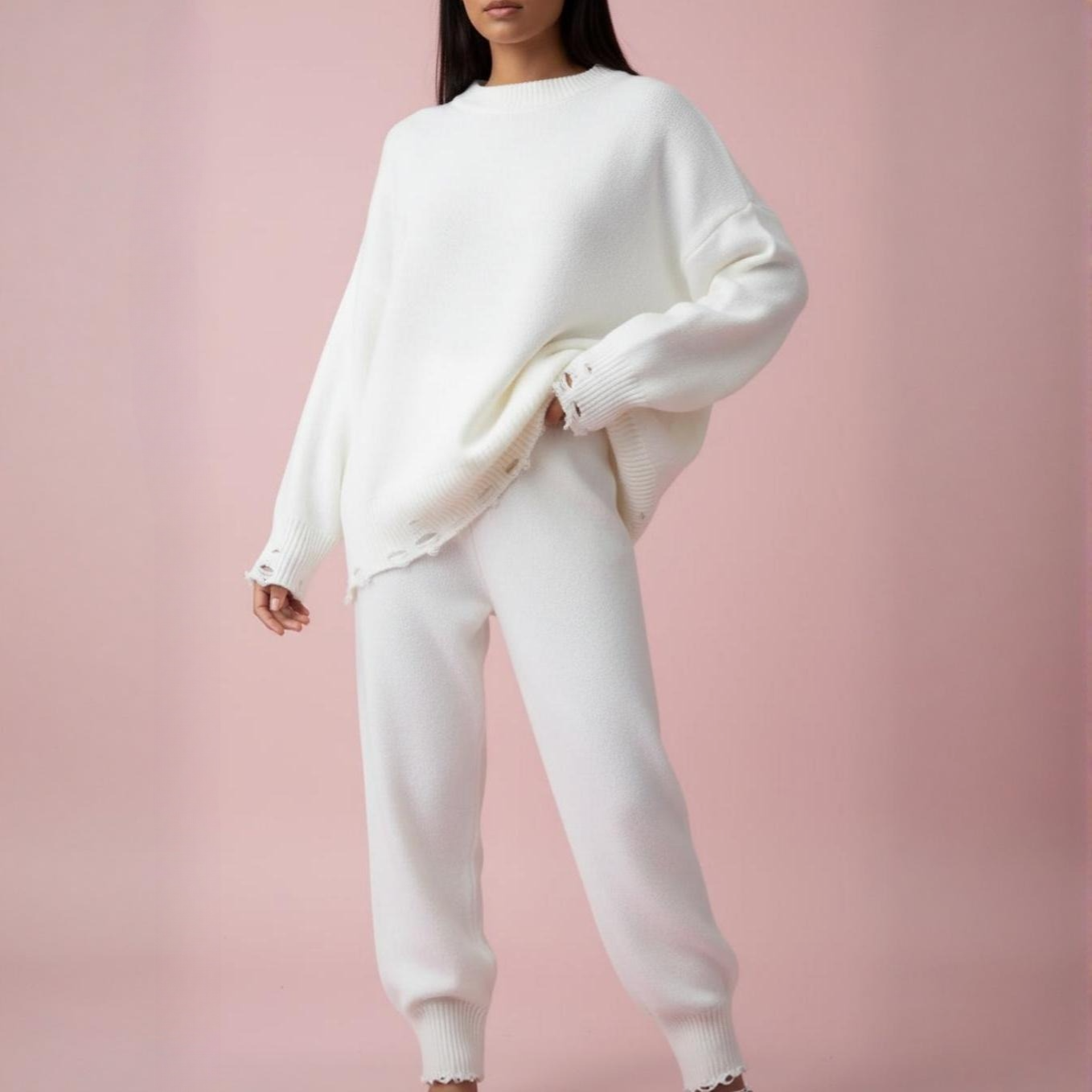 Ensemble loungewear femme maille hiver printemps oversize blanc – tenue d’intérieur cosy