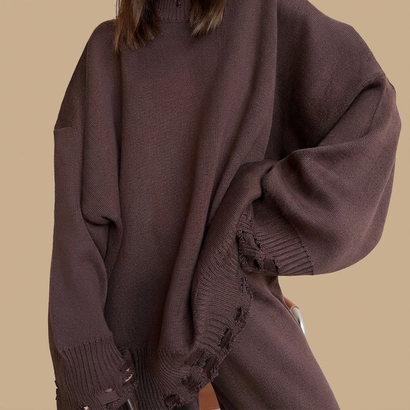 Ensemble loungewear femme maille marron oversize hiver printemps – coupe confortable