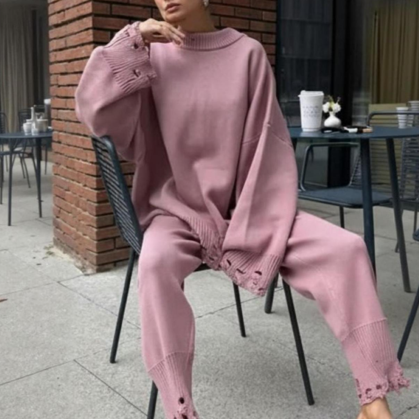 Ensemble loungewear femme rose oversize en maille hiver printemps