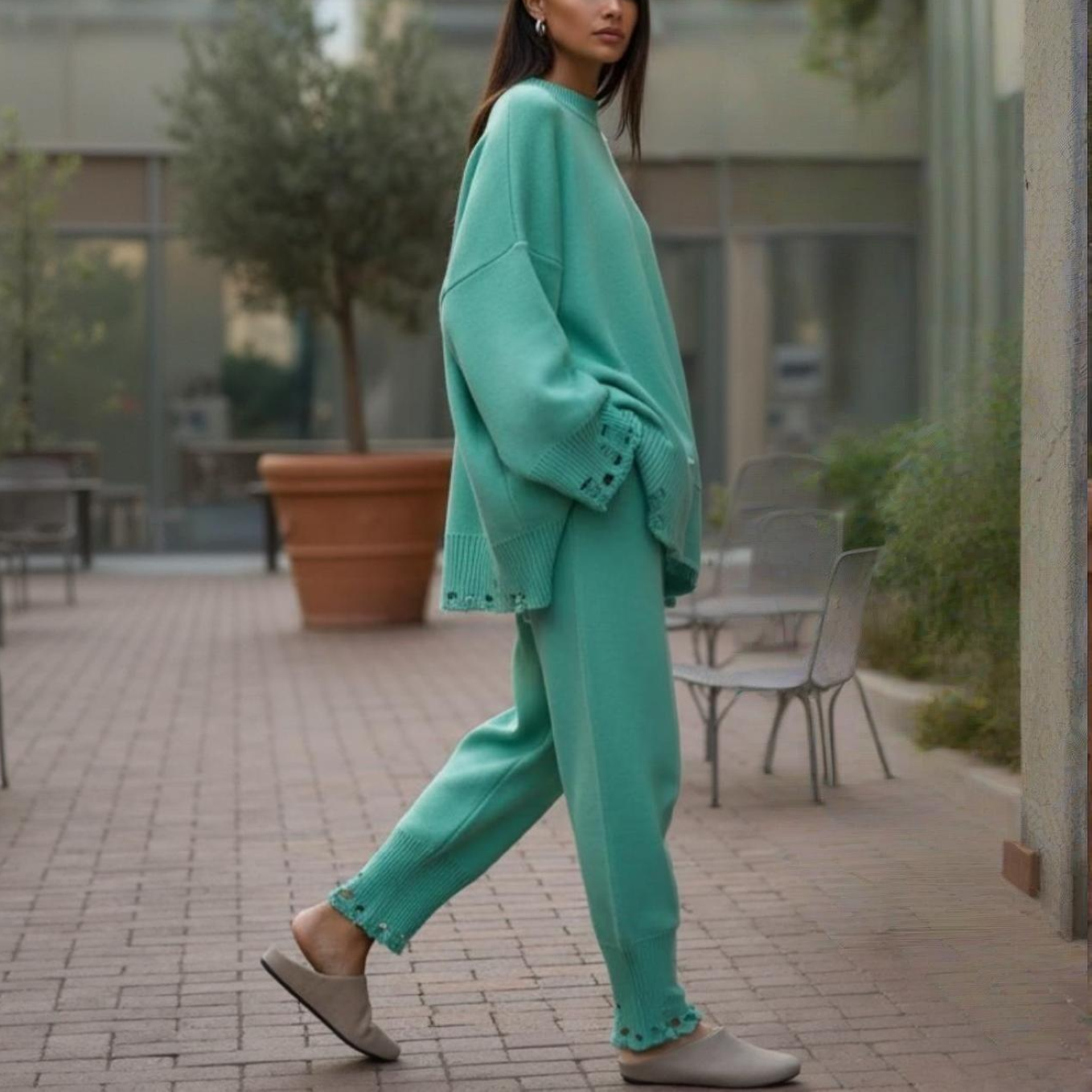 Ensemble loungewear femme vert oversize hiver printemps – tenue cosy moderne