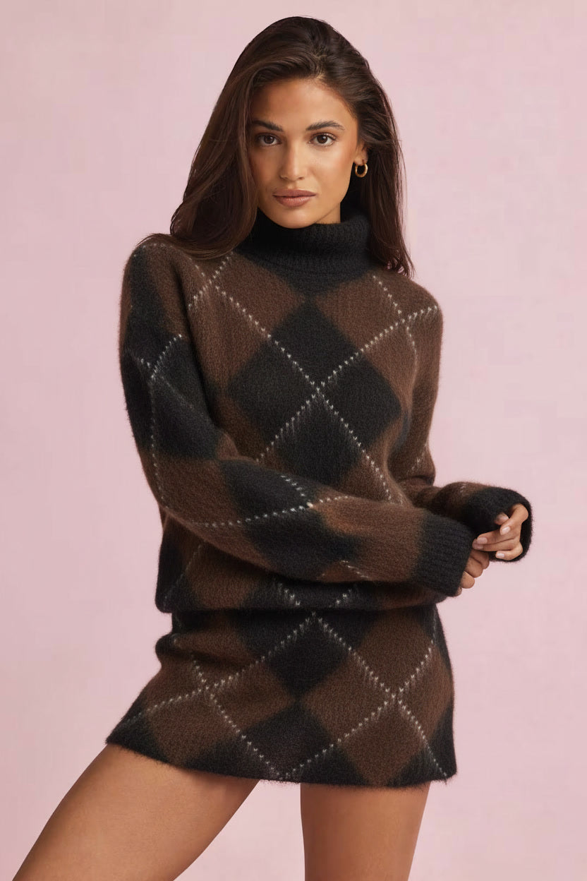 Ensemble maille brossée femme effet daim motif tartan cosy hiver printemps